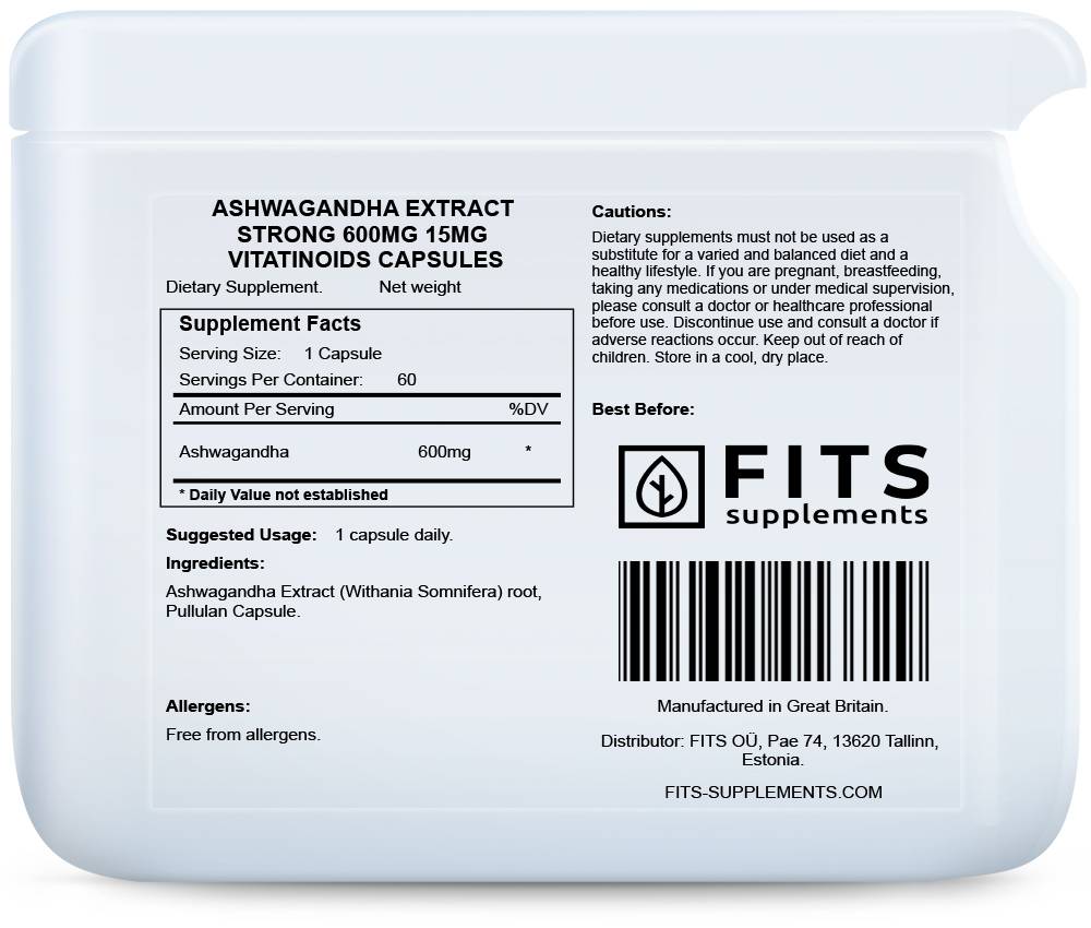 Ashwagandha Extract Strong 600mg 15mg vitatinoids kapsulės