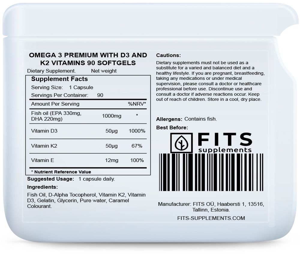 Omega 3 Premium su vitaminais D3 ir K2 90 kapsulės