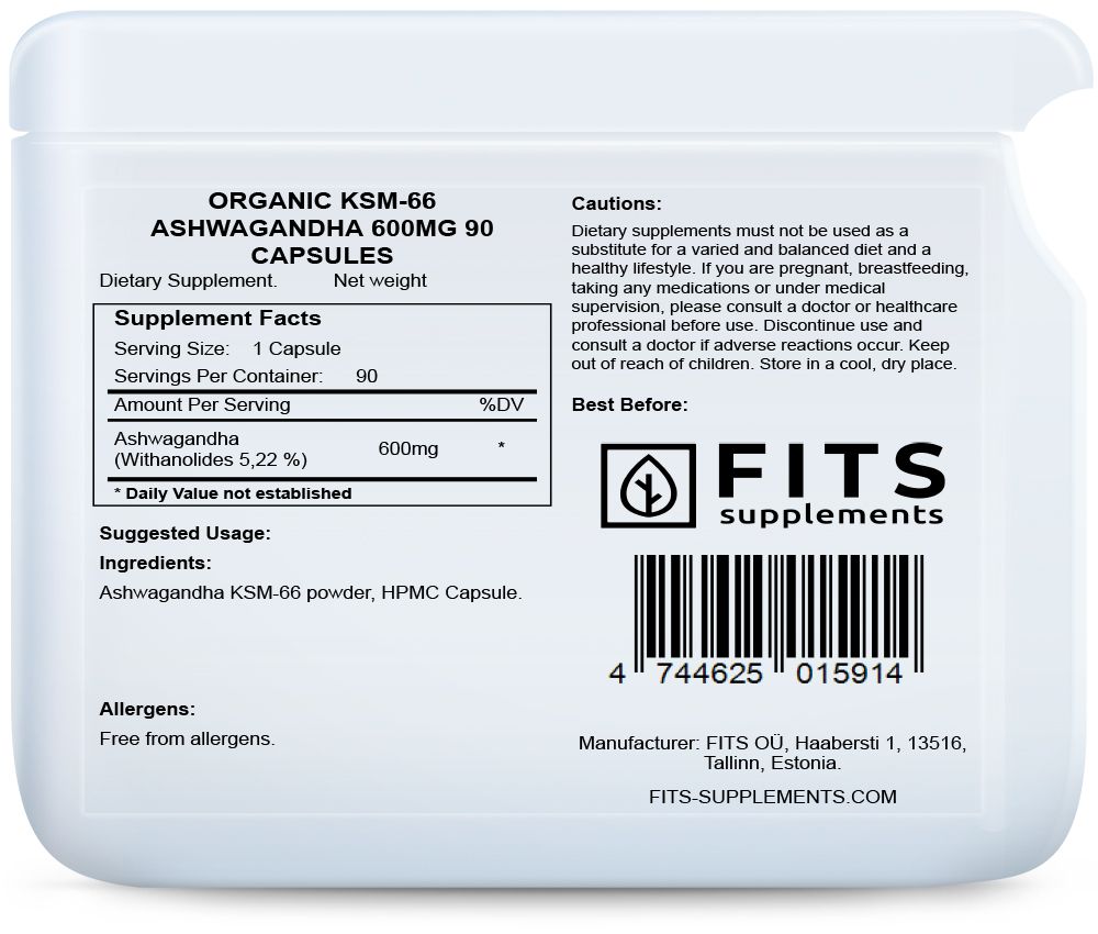 Organic KSM-66 Ashwagandha 600mg 90 capsules
